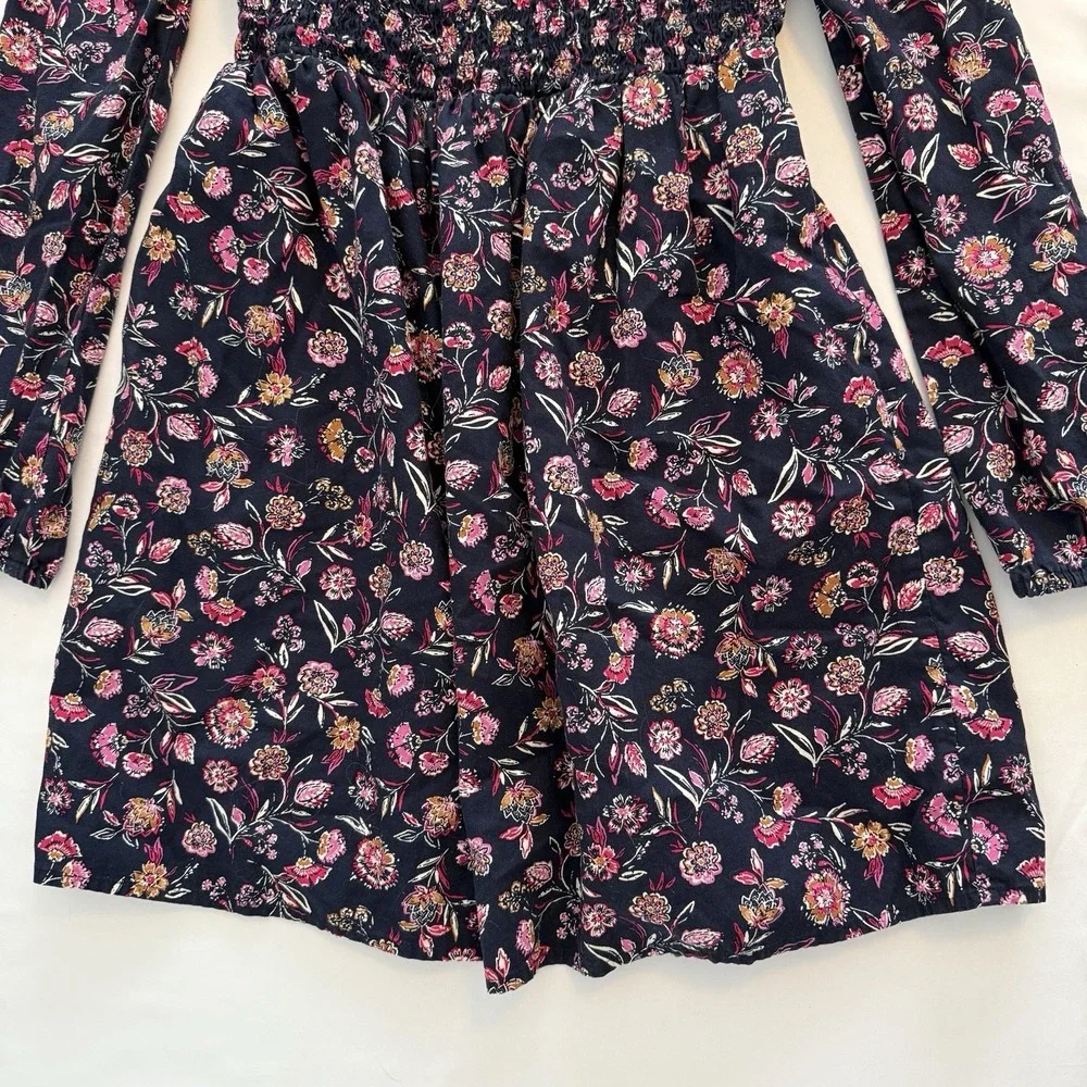Gap Kids Floral Dress Girls XL 14/16 Navy Blue Smocked Long Sleeve Boho‎ Square